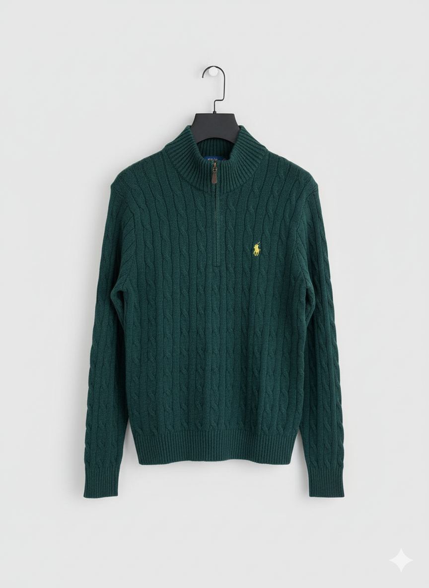 Knitted Quarter Zip Pullover Green
