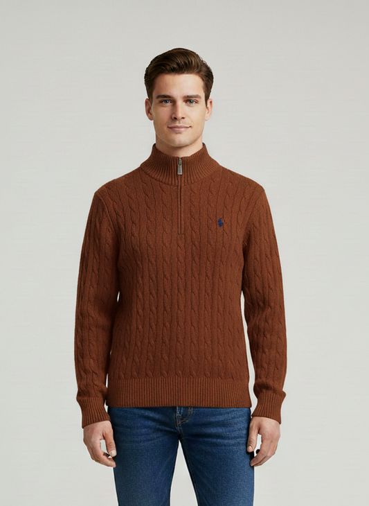 Knitted Quarter Zip Pullover Brown