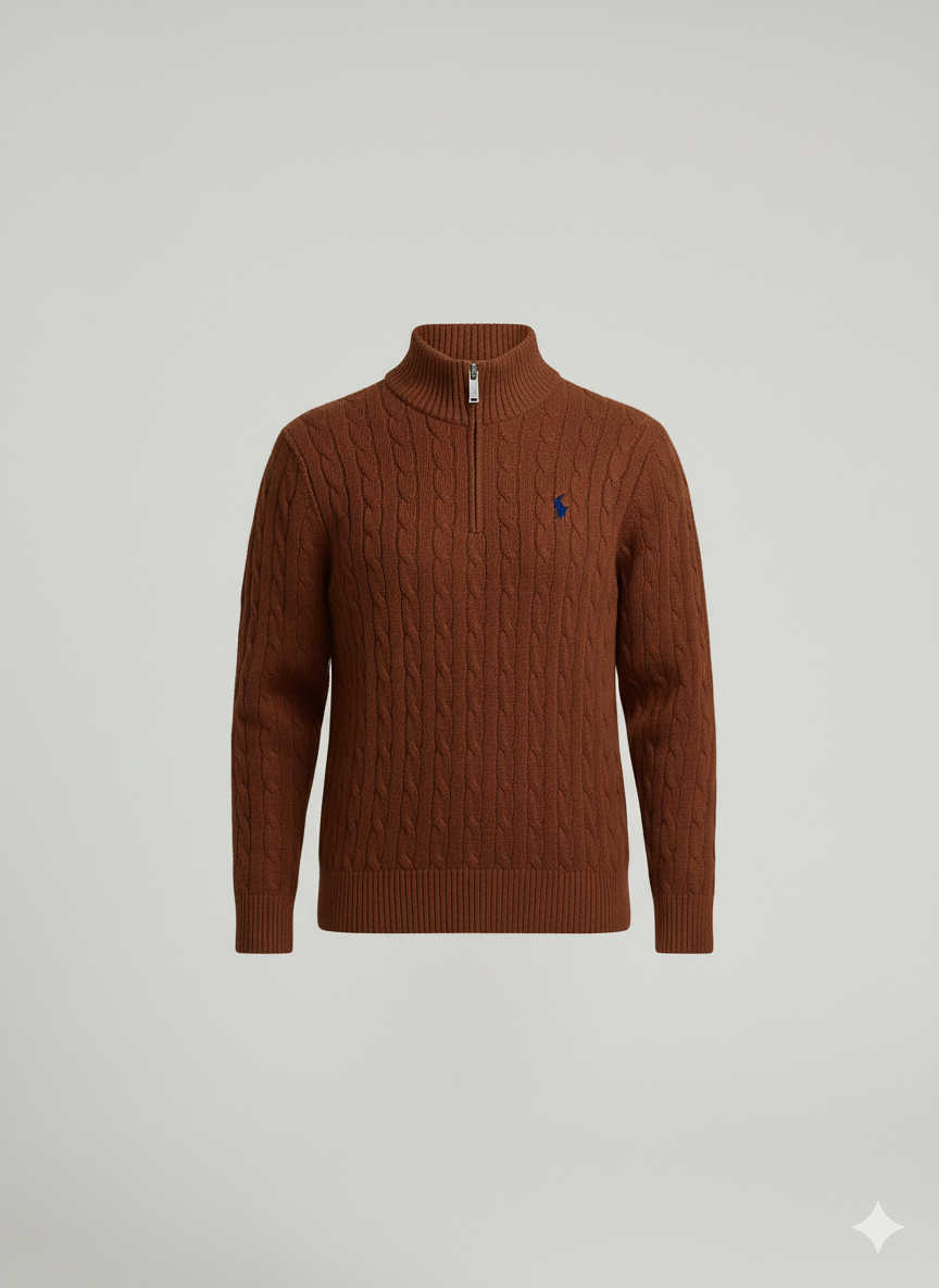 Knitted Quarter Zip Pullover Brown