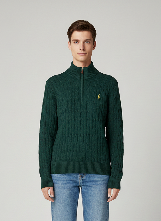 Knitted Quarter Zip Pullover Green