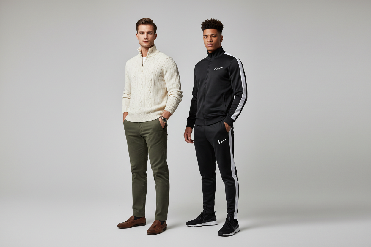 “Two stylish male models standing side-by-side in a strong pose. One wearing an old-money knitted quarter-zip sweater, the other wearing a sleek Nike-style tracksuit. High-end studio lighting, modern fashion aesthetic, clean wide banner composition.”